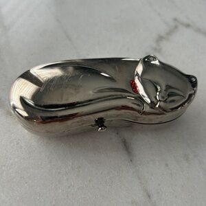 Sleek Silver Vintage Cat Trinket Box with Red Accents